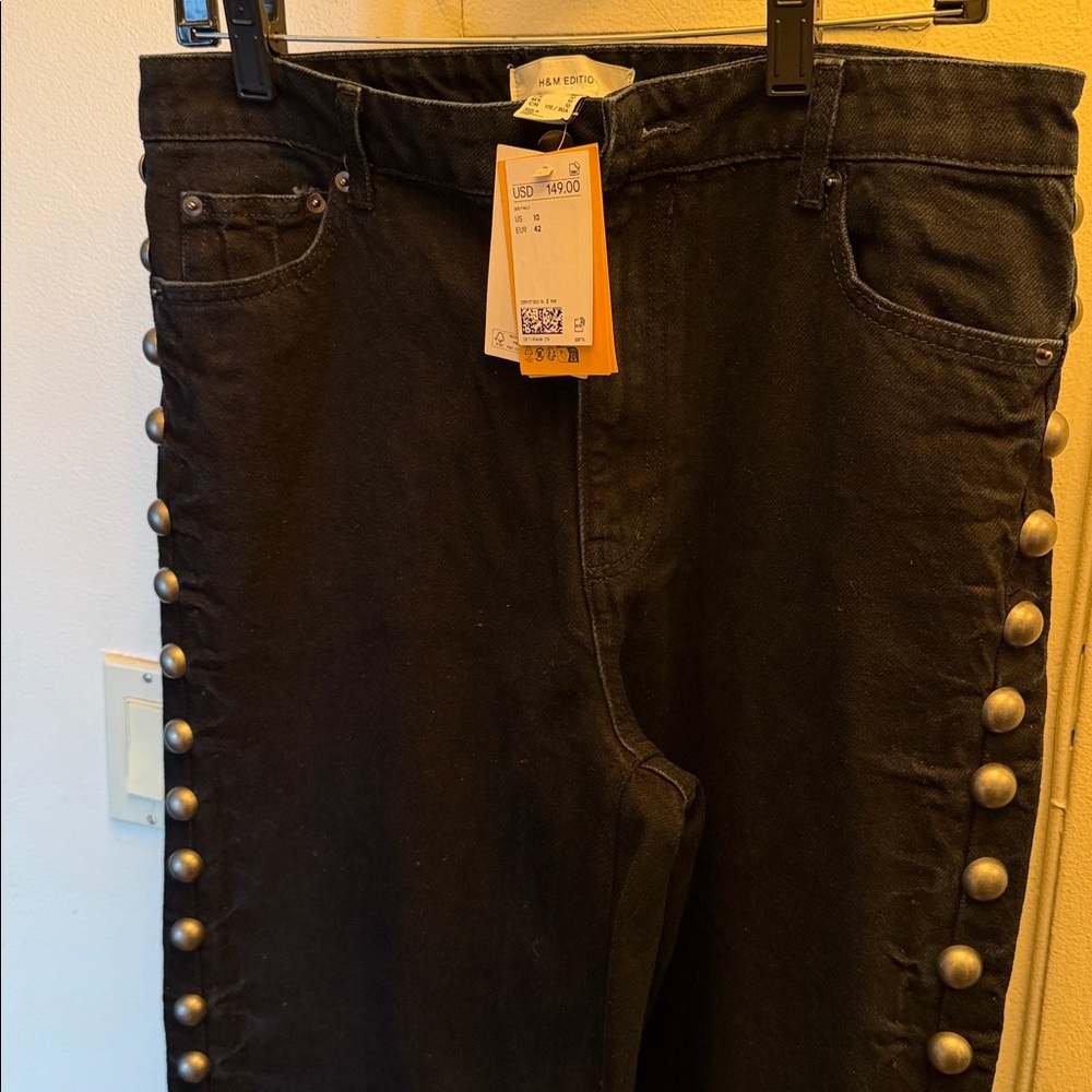 Women's Black Wide-Leg Jeans with Stud Trim - Picture 2 of 3